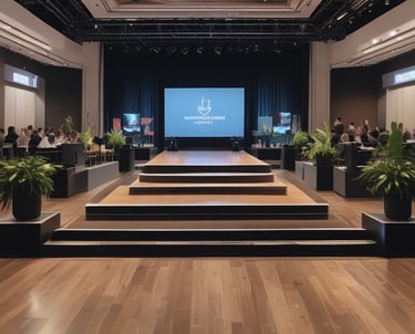 High-end audio equipment setup at a corporate event with sleek black and red accents.