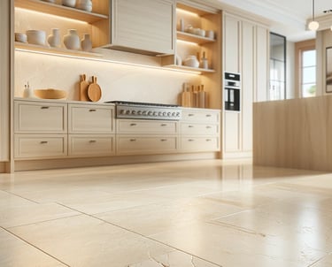 Trawertyn w kuchni bardzo jasny Bianco, kamień naturalny ivory