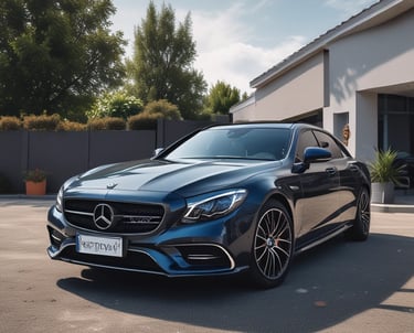 A professional influencer filming a sleek luxury car in an urban setting at sunset.