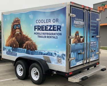 Picture of the mobile refrigerated trailer outside of a restaurant..