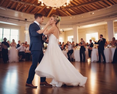A DJ stands at a booth under a spotlight on a stage. Bright blue and white lights illuminate the scene, casting beams across the room. A crowd of people is visible in the foreground, silhouetted against the stage lighting.
