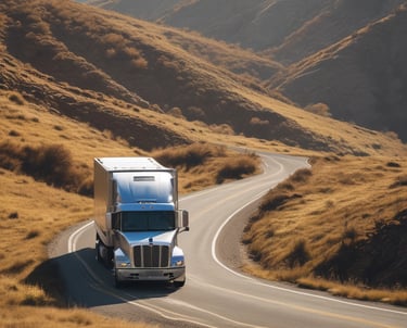 A large blue semi-truck with a long flatbed trailer travels on a wet road. The trailer is carrying white, bagged cargo. The surroundings are vibrant with autumn foliage and the sky is overcast, giving a moody yet serene atmosphere with hints of sunshine breaking through.