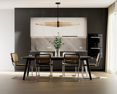 visualisation 3D d'une salle à manger design avec table centrale et éclairage naturel