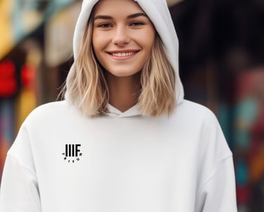 a woman wearing a white hoodie with the word jie on it