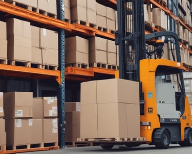 An industrial warehouse filled with various stacks and arrangements of metal beams, shelving units, and construction materials. A white truck is parked among the clutter. The scene includes colorful pallets and containers lining the walls, and the floor is mostly concrete.