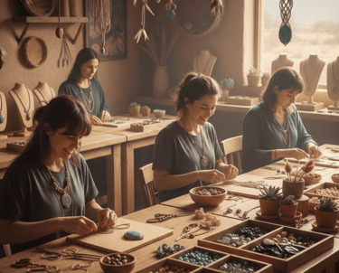 Artesanos elaborando joyas de macramé y collares de cuentas a mano en un taller.