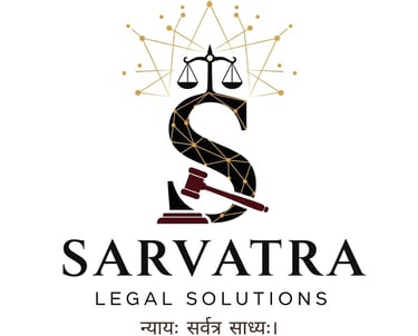 “Sarvatra Legal Solutions logo with scales of justice, gavel, and network pattern.