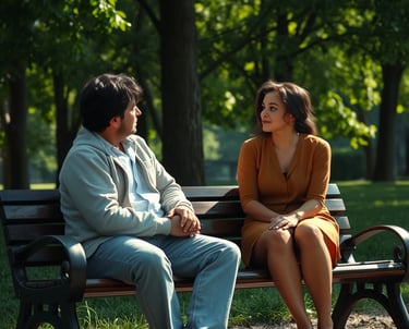 un homme et une femme assis sur un banc dans un parc