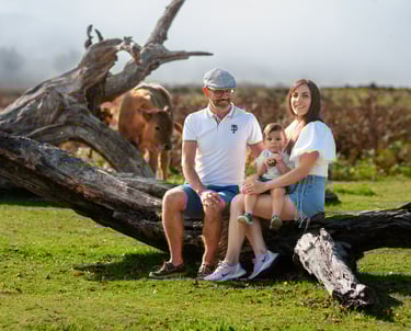 Family sitting together on fallen log in meadow, misty hills and grazing cows visible in background.