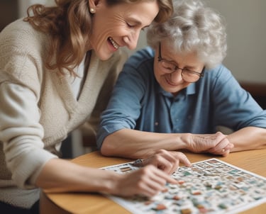 A friendly caregiver assisting a senior with a tablet device.