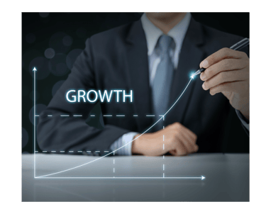Graph showing upward business growth over time, successful results and strategic progress