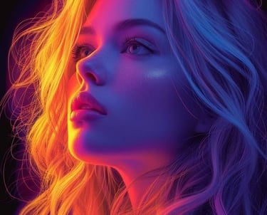 a woman with long blonde hair and a neon - lite up