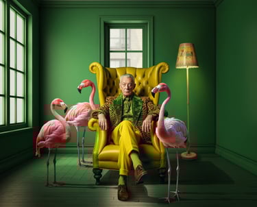 Un homme entouré de 3 flamingos