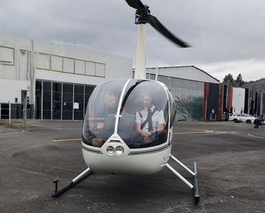 a helicopter with a man in a suit and a woman in a suit