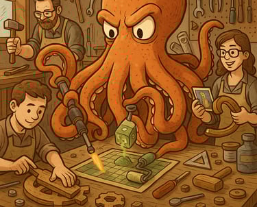 a cartoon octopus with a man in a workshop