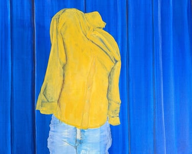 Work in progress of acrylic paint on canvas of a thick blue curtain and posed person in clothing.