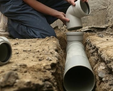 Suasana Plumbing installing and repairing main drainage pipe system outdoors.
