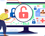 a man and woman looking at a computer screen with a lock on it