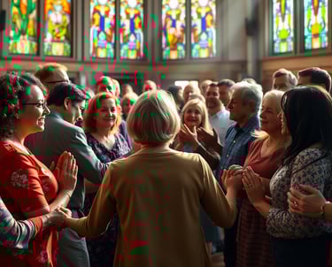 un groupe de personnes debout dans une église