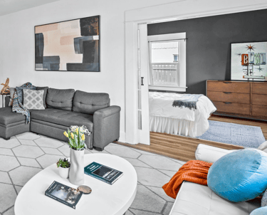 a living room with a couch and a television