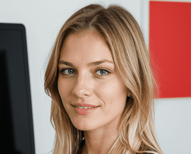 a woman in a black shirt and a computer monitor