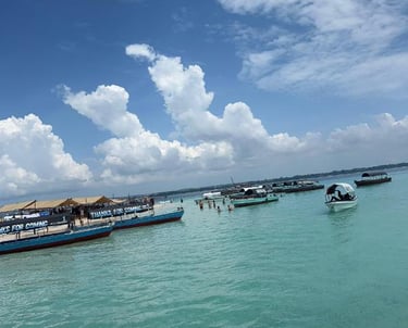 Tourists enjoying a traditional fishing game experience in Zanzibar, with boats anchored on the turquoise waters
