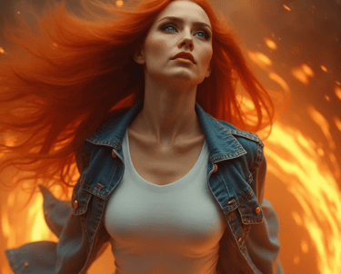 a woman in a white shirt and jeans jacket with a red hair and a denim