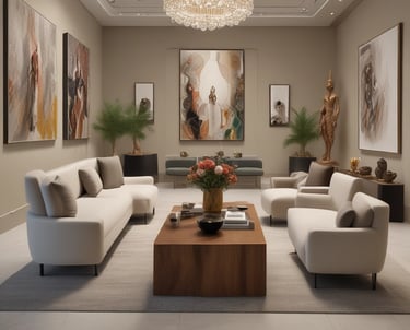 A vibrant art installation featuring a mix of traditional and contemporary pieces.