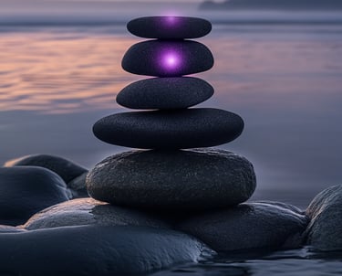 Rocks balancing in front of a peaceful pool of water
