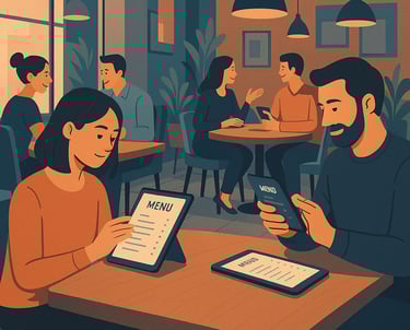 Ilustración en Hostelería, clientes leyendo carta QR Dighoreca