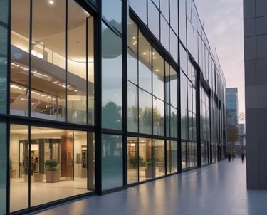 Close-up of a squeegee cleaning a dark-framed window with water droplets on glass.
