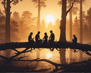 A serene group session in a softly lit room with people practicing gentle movement.