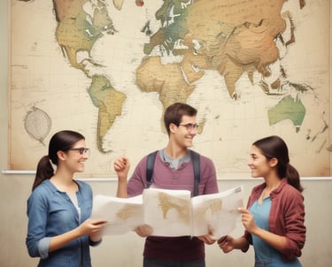 A friendly consultant advising a student with study materials spread out on a desk.