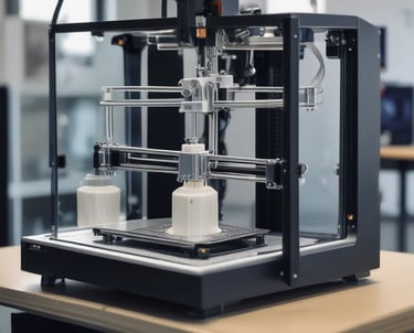 An organized studio with various 3D printers in operation.