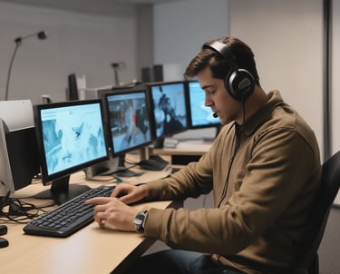 a man wearing a headset sitting in front of a computer