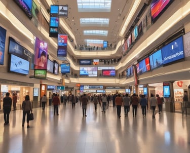 A bustling urban setting with large digital billboards displaying colorful advertisements. Prominent ads include 'Make Google do it' and 'American Idol Winner David Cook'. Bright neon colors and giant screens dominate the scene, hinting at a lively nightlife area.
