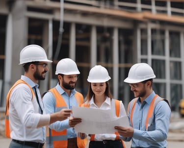 An intricate construction site with a complex framework of red steel beams and scaffolding stands prominently. Several white structural supports and yellow braces are visible, indicating an ongoing building project. The foreground displays signage in a language suggesting construction of luxury apartments.