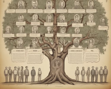 A large family group poses together in front of a traditional wooden house with a red roof. The group consists of adults, teenagers, and children, all wearing colorful traditional clothing typical of a cultural or festive occasion. The scene has a natural background with trees and parked cars.