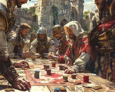 Un groupe d'hommes joue à un jeu de société type jeu de cartes, dans un univers médiéval.