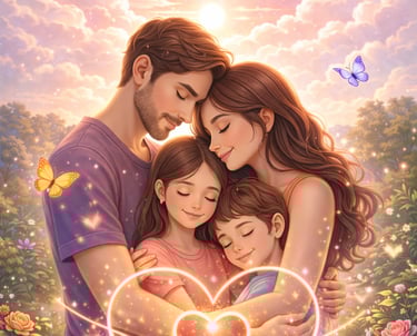 a family of three children, one holding a heart shaped heart