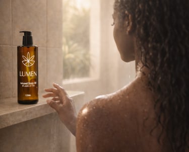 A woman reaches for LUMEN infused body oil on a shower shelf for luxury skincare and hydration.