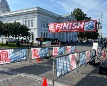 Race Ready Finish Line with the background of the beautiful white marble colbert county courthouse