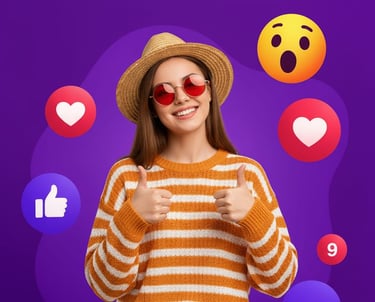 Smiling woman giving thumbs up on Jazly Social app interface with engagement icons.