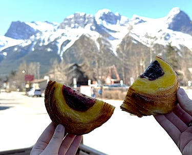 pastry in front of mountain background
