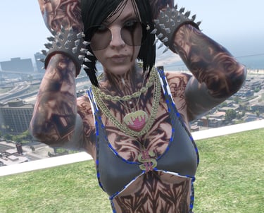 a woman with tattoos on her chest