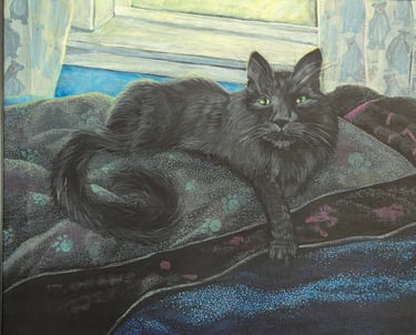 Framed painted portrait of a black long hair cat lounging in front of his window on his bed of blankets.