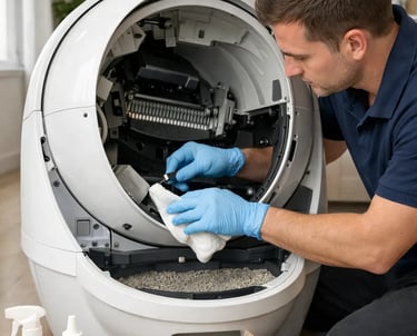 technicien La Vie Sans Crotte qui réalise un entretien approfondi premium du robot d'un client