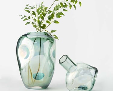 a glass vase with a plant in it