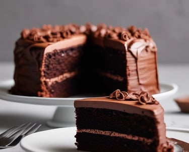 bolo de chocolate com um pedaço cortado postos em uma mesa
