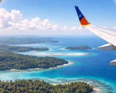 Andaman trip details - Aerial window view of lush tropical islands and coral reefs in the turquoise 